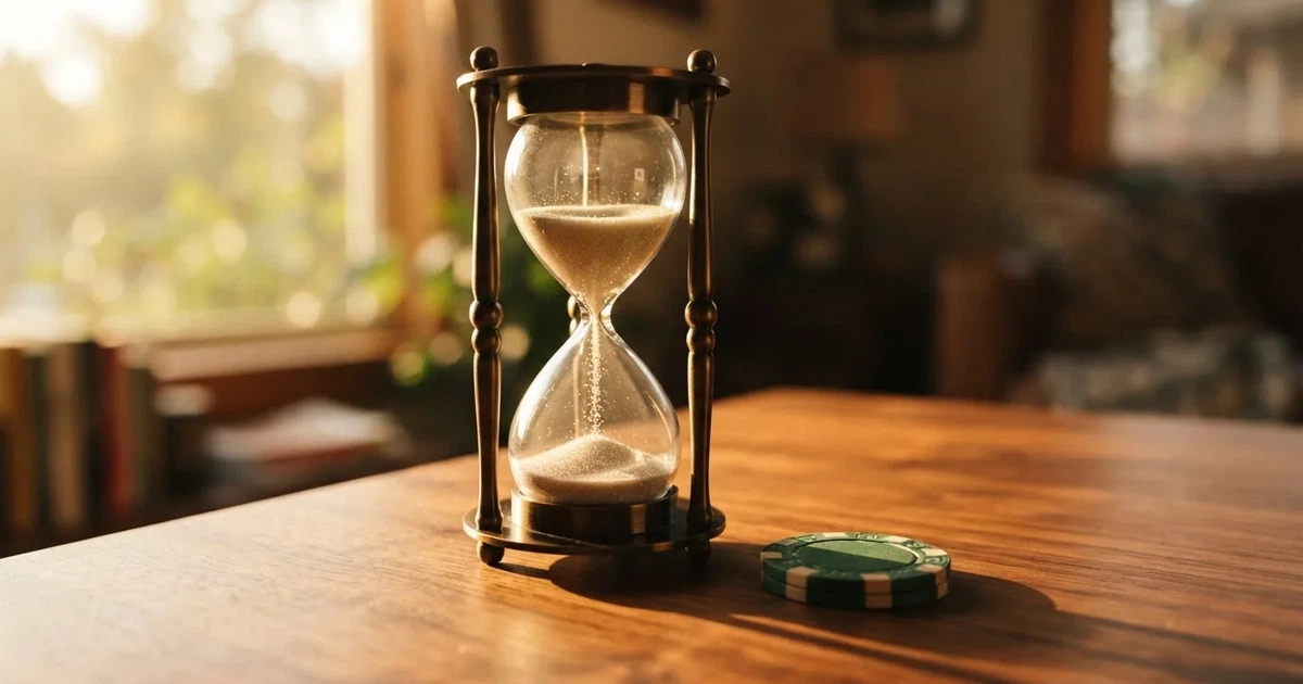 Hiekkakello puupöydällä, hiekka valuu hitaasti alas ja aamuaurinko hehkuu lasissa — 2 euroa ilmaista pelirahaa ilman talletusta