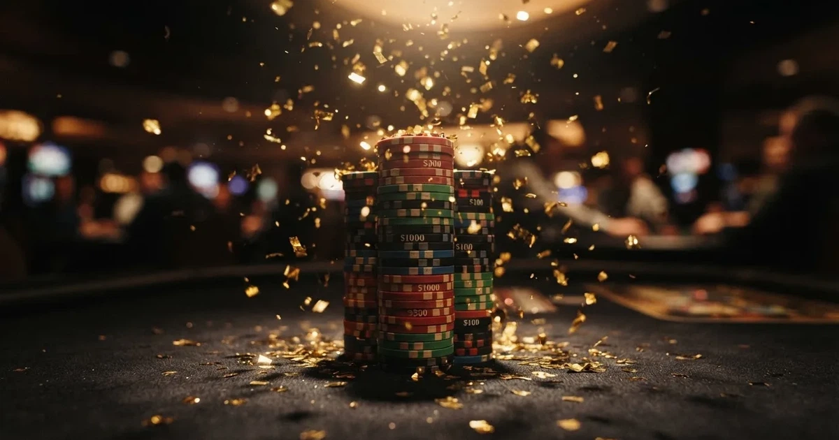 Kultainen konfetti putoaa pelimerkkien päälle mustalla pöydällä, valokeila osuu pinon huipulle — casino ilmaiskierros