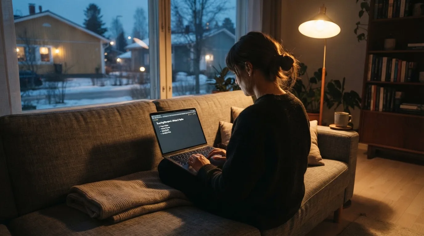 Nainen selaa kannettavaa tietokonetta olohuoneen sohvalla, iltavalaistus luo lämpimän tunnelman tilaan.
