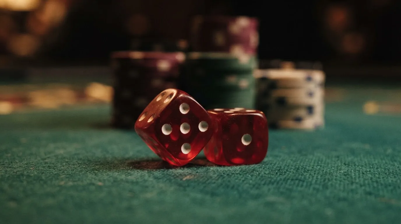 Punaiset nopat lepäävät vihreällä huovalla, taustalla sumeita pelimerkkitorneja iltahämärässä — kolikkopelit casino pelit