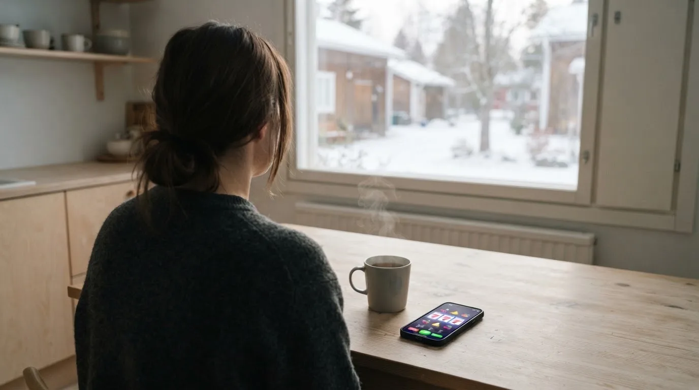 Henkilö istuu keittiön pöydän ääressä teekupin kanssa katsoen ulos ikkunasta rauhallisesti.