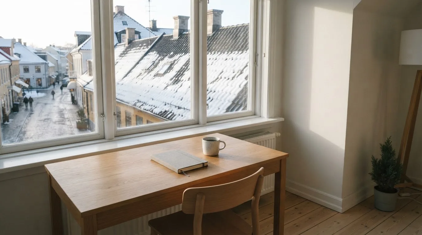Toimistohuoneen ikkunasta näkyy maaliskuun aamu, lumi sulaa katolla auringonpaisteessa hiljaisella aamulla.