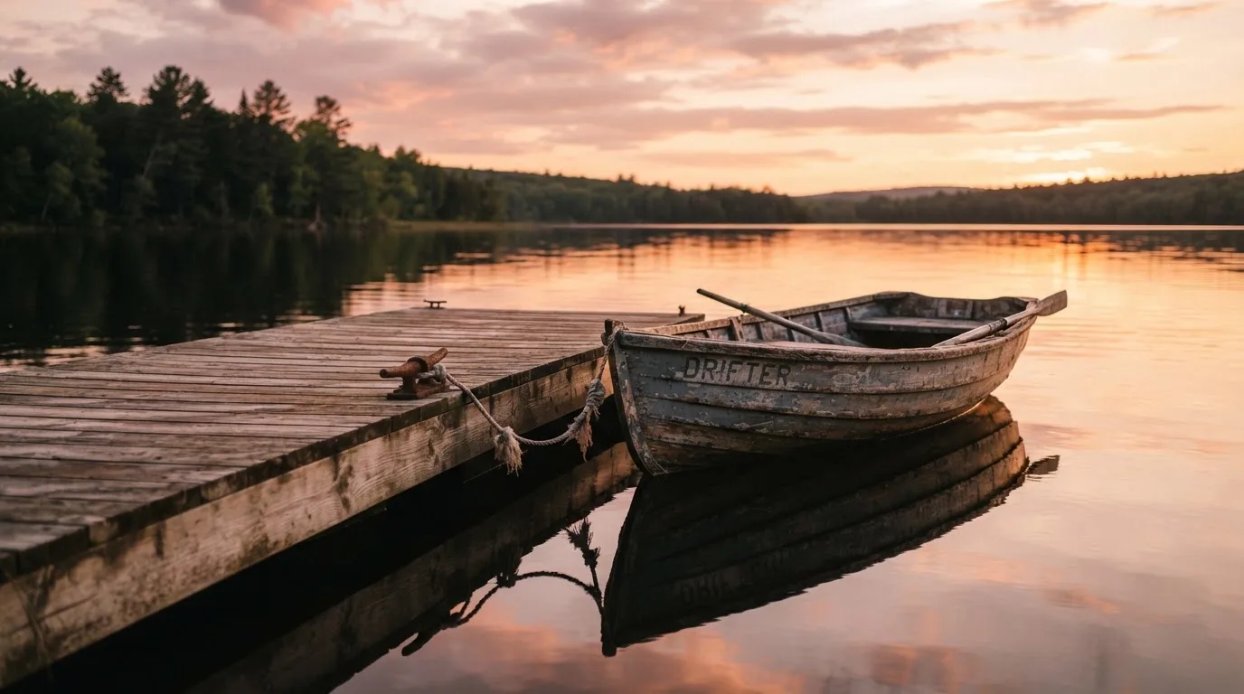 Laituri tyynellä järvellä auringonlaskussa, vanha soutuvene kiinnitettynä ja vedessä pilvien heijastus — luotettavat suomalaiset kasinot