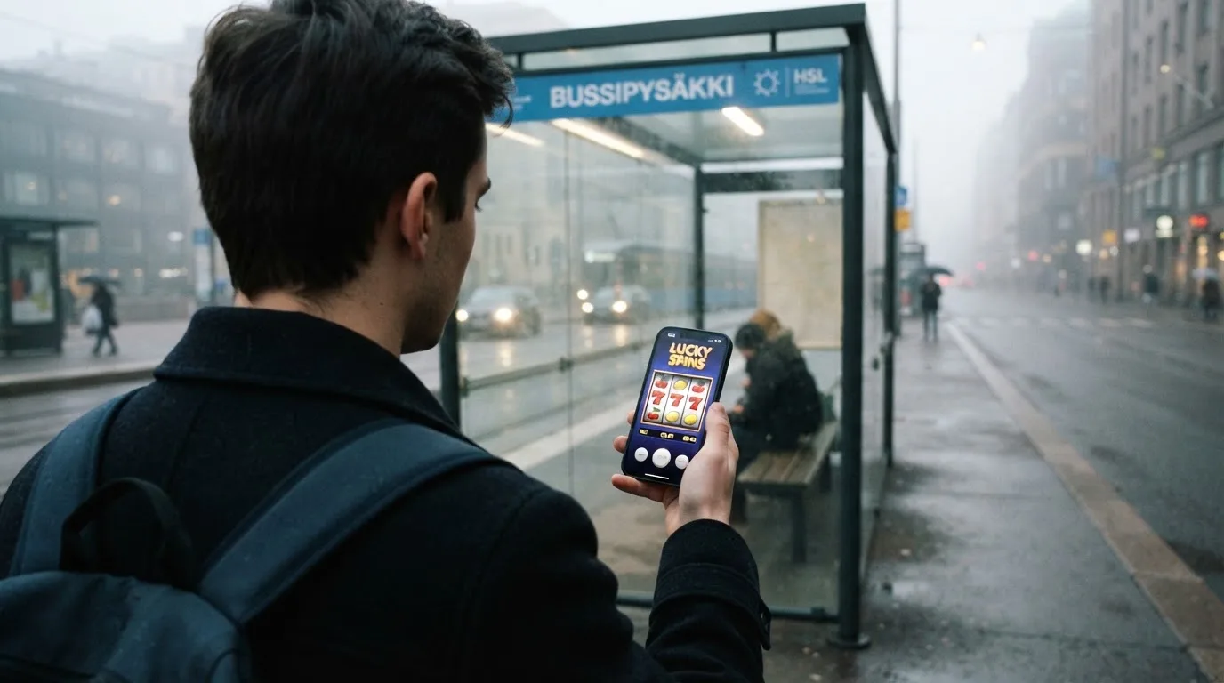 Nuori mies selaa älypuhelinta bussipysäkillä odottaessaan iltapäivällä, taustalla sumuinen katunäkymä.