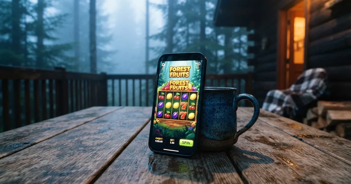 Kädet pitelevät lämmintä kaakaomukia metsämökin portailla, vieressä suljettu tabletti ja aamusumua — mobiilikasino puhelimessa