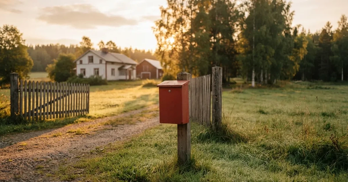 Punainen postilaatikko maalaistalon portilla kesäillassa, ruoho on kasteessa ja varjot pitkiä — nettikasinot minimi talletus