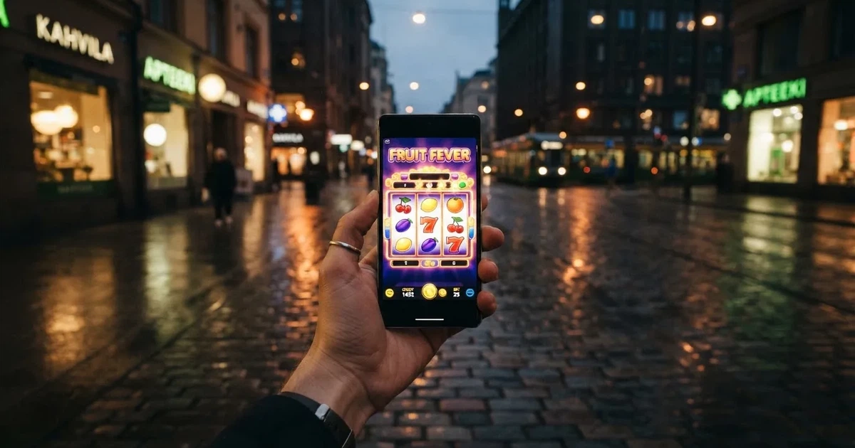 Käsi pitelee älypuhelinta ulkona iltavalossa, ruutu on sammunut ja taustalla näkyy kaupunkimaisema.