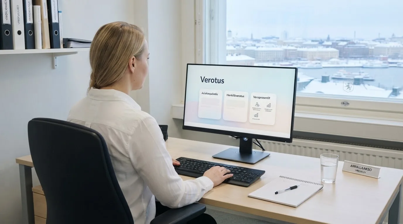 Virkailija istuu vaaleassa virastohuoneessa tietokoneen ääressä, ikkunasta näkyy talvinen kaupunkimaisema.