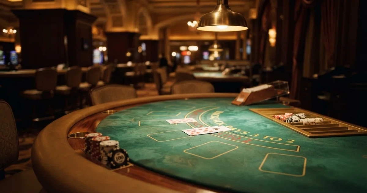 Blackjack-pöytä kasinosalissa, kortit levitettynä pöydälle ja pelimerkit pinottuna reunalle pehmeässä valaistuksessa.