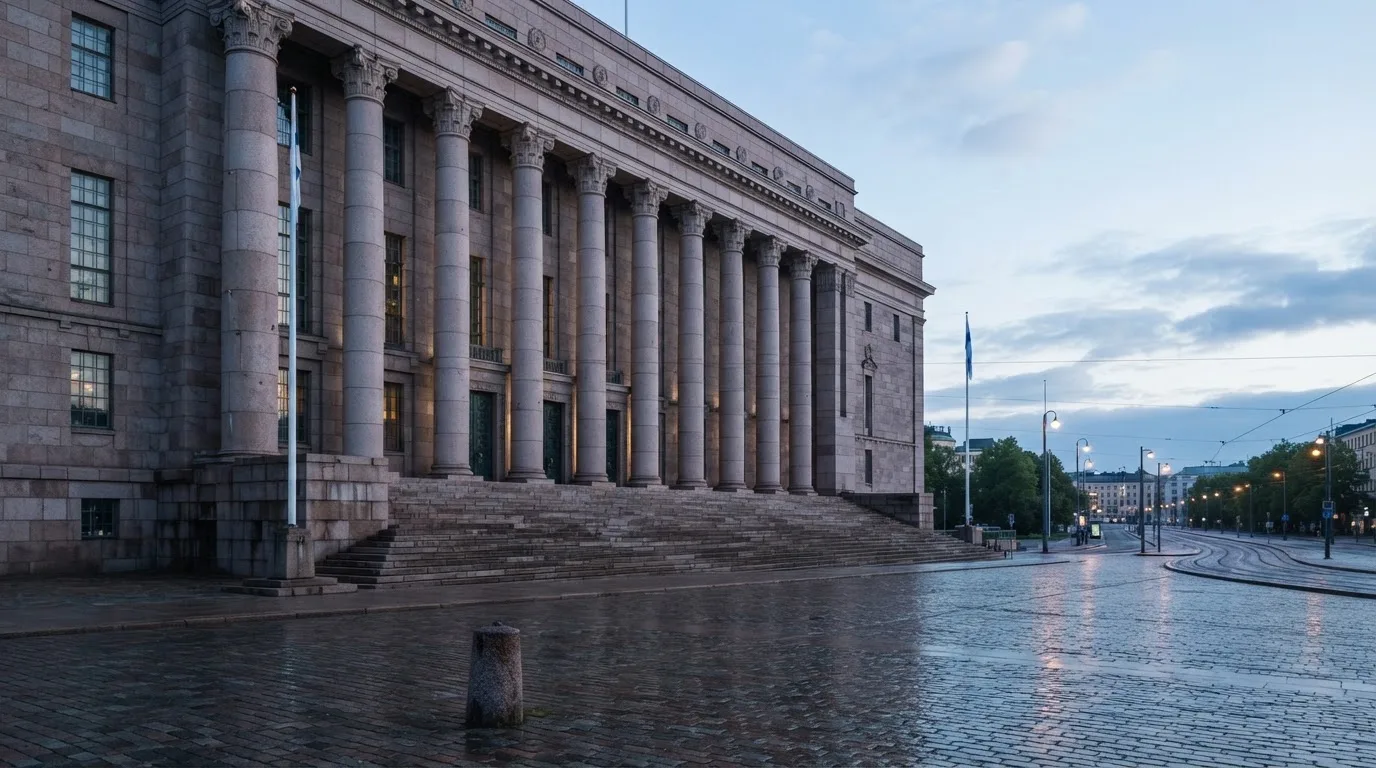 Kivinen valtionhallinnon julkisivu Helsingissä aamunkoitteessa, korkeat pylväät ja tyhjä aukio edessä — parhaat muchbetter kasinot