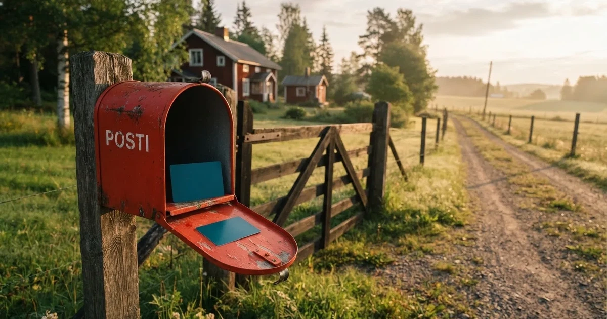 Punainen postilaatikko maalaistalon portilla kesäillassa, ruoho on kasteessa ja varjot pitkiä — parhaat neosurf kasinot