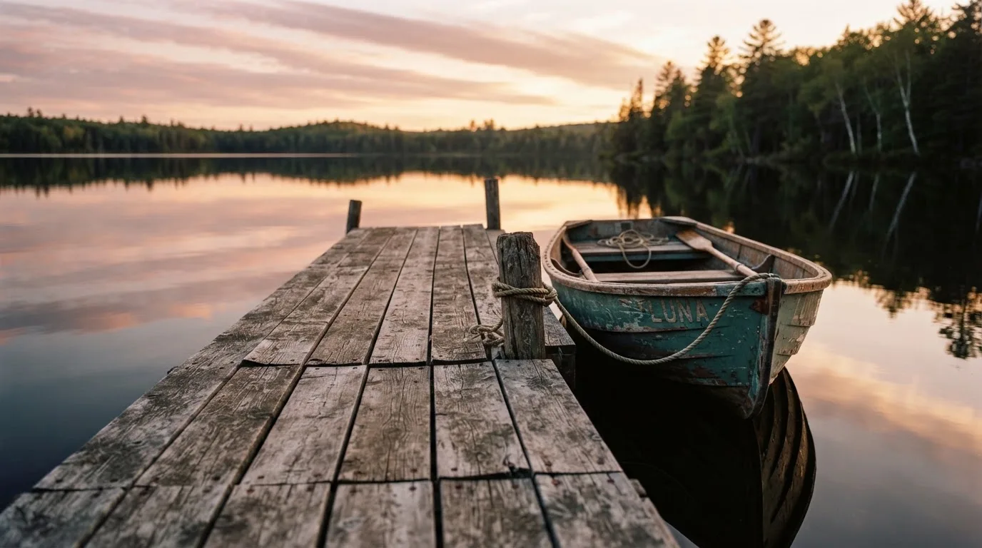 Laituri tyynellä järvellä auringonlaskussa, vanha soutuvene kiinnitettynä ja vedessä pilvien heijastus — parhaat nettirahapelit suomessa