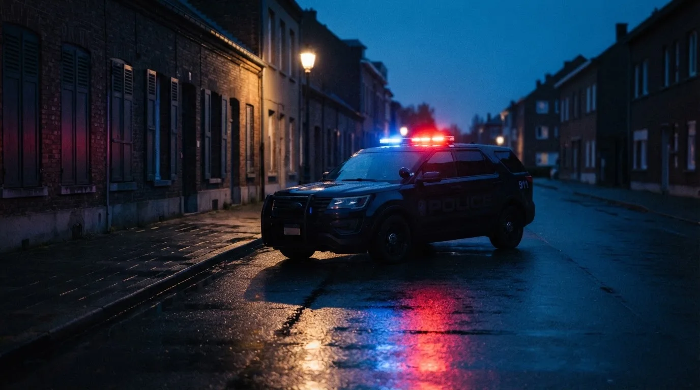 Poliisiauto pysäköitynä hiljaiselle kadulle iltahämärässä, valot heijastuvat kostealta katupinnalta autioksi jääneellä alueella.