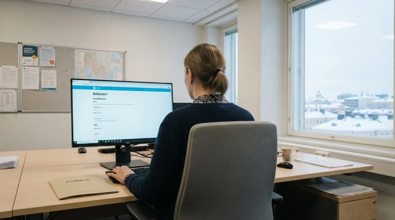Virkailija istuu vaaleassa virastohuoneessa tietokoneen ääressä, ikkunasta näkyy talvinen kaupunkimaisema.