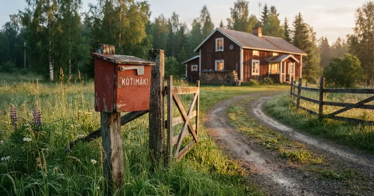 Punainen postilaatikko maalaistalon portilla kesäillassa, ruoho on kasteessa ja varjot pitkiä — parhaat trumo kasinot
