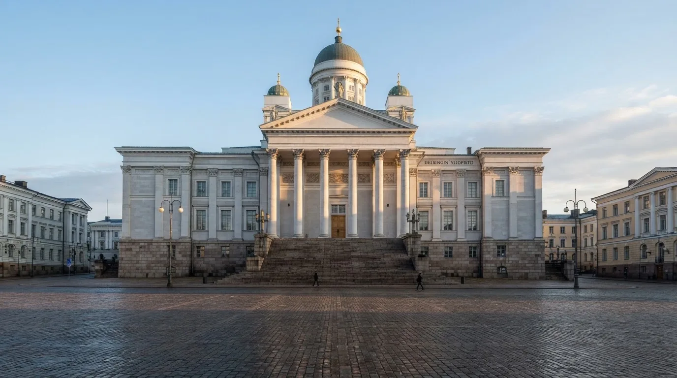 Kivinen valtionhallinnon julkisivu Helsingissä aamunkoitteessa, korkeat pylväät ja tyhjä aukio edessä — pelata online kasino suomi