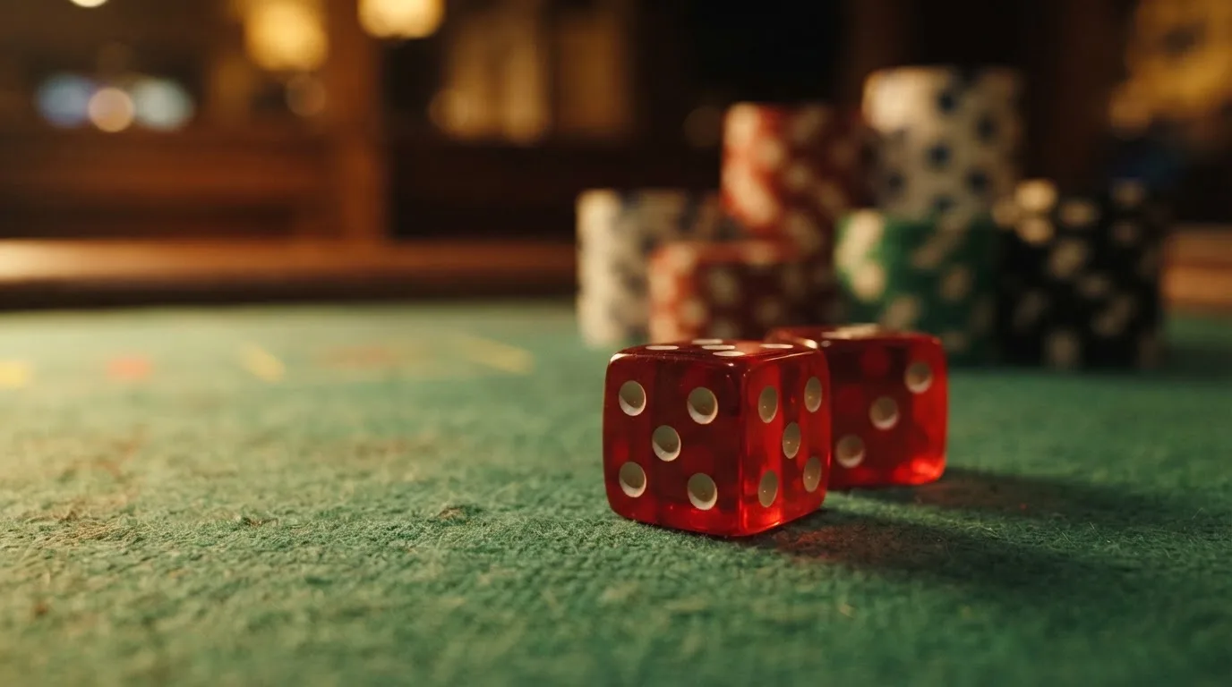 Punaiset nopat lepäävät vihreällä huovalla, taustalla sumeita pelimerkkitorneja iltahämärässä — pikakasino ilmaiskierrokset