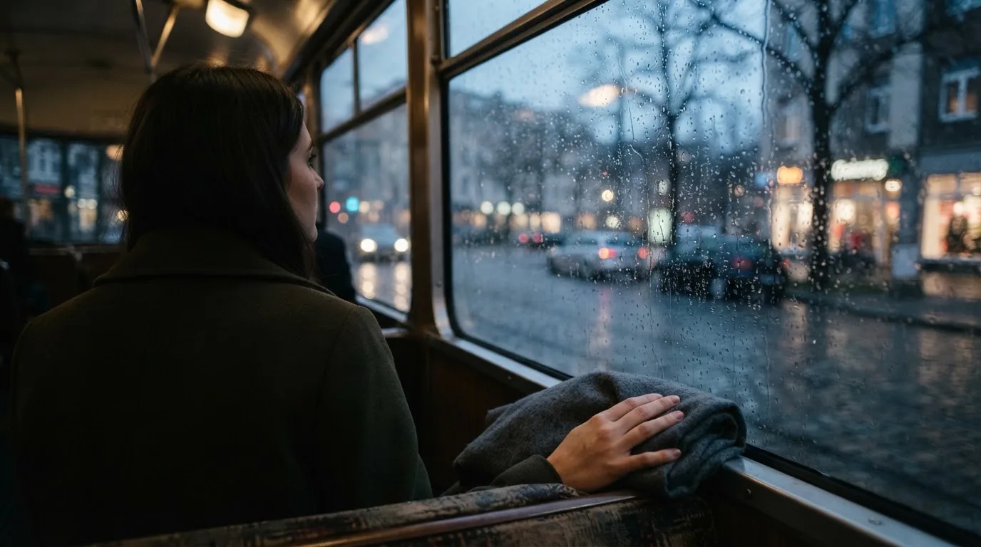 Sadepisaroita raitiovaunun ikkunassa, takana hämärtyvä katu ja kädessä pehmeä villahuivi — rahapelit ilmaista pelirahaa