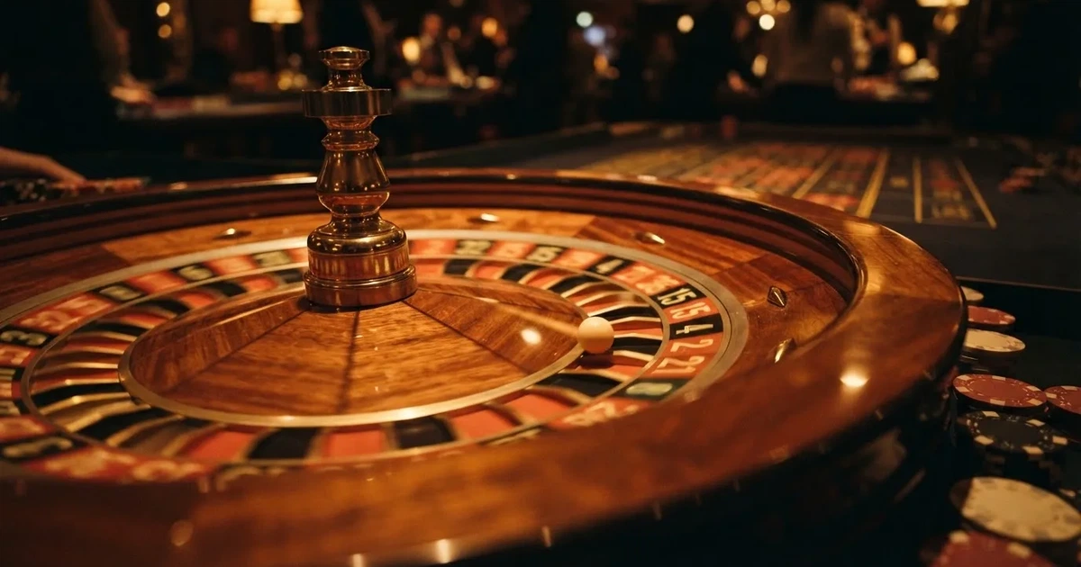 Roulette-pöytä lähikuvassa, jossa pyörivä pyörä ja pallo hyppäävät numerolokeroiden välillä pelisalin hämärässä valaistuksessa.