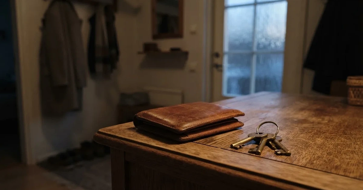 Nahkalompakko ja avainnippu eteisen lipaston päällä, aamuvalo tulee oven lasiruudusta — suosituimmat pikacasinot