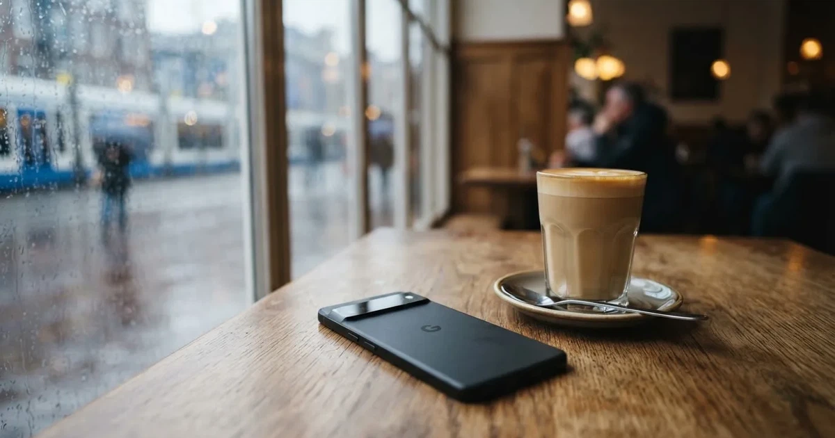 Puhelin kasvot alaspäin kahvilan pöydällä, vieressä latte ja ikkunasta näkyy sadetta — top 10 parhaat mobiili kasinot