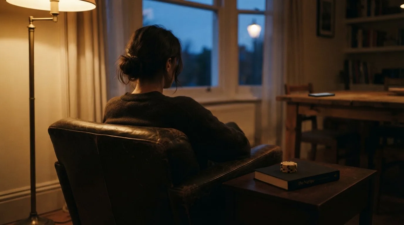 Henkilö istuu yksin olohuoneen nojatuolissa iltavalossa, puhelin kaukana pöydällä toisella puolella huonetta.