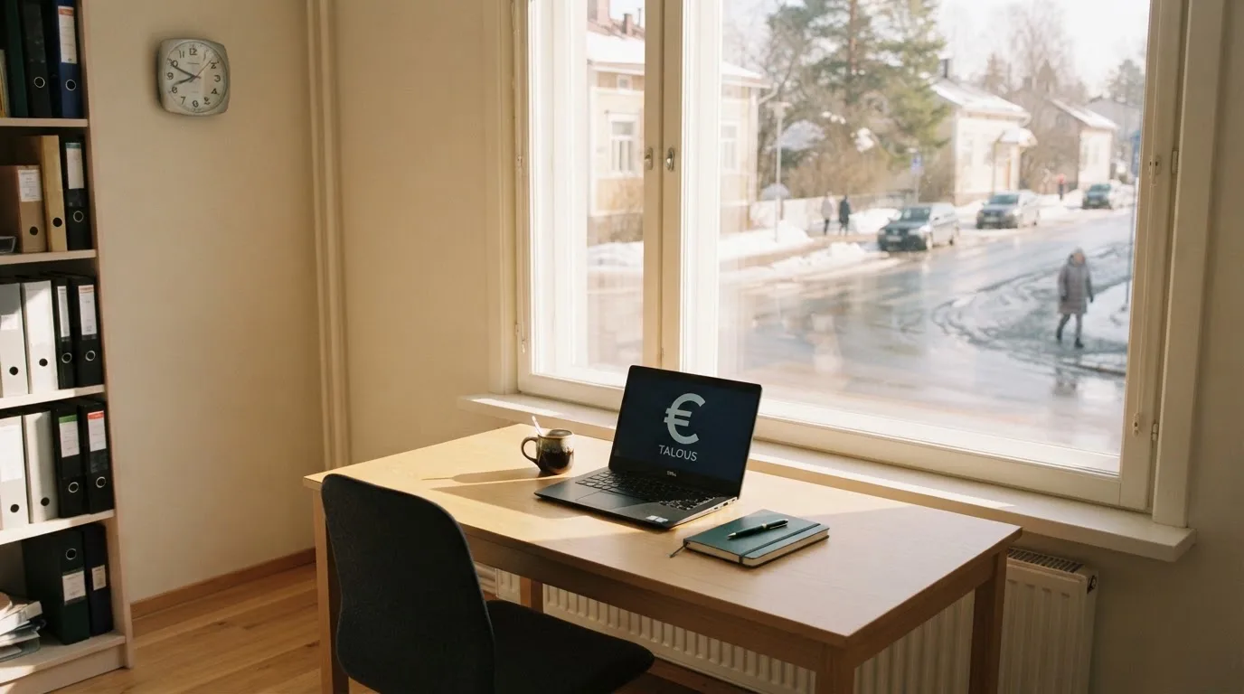 Toimistohuoneen ikkunasta näkyy maaliskuun aamu, lumi sulaa hiljaa kadulla auringon lämmittäessä.
