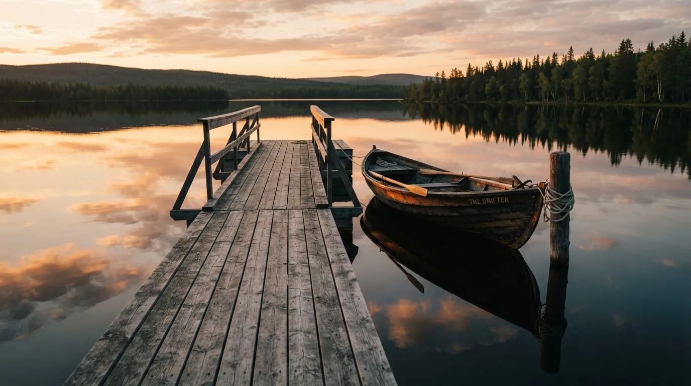 Laituri tyynellä järvellä auringonlaskussa, vanha soutuvene kiinnitettynä ja vedessä pilvien heijastus — turvallisimmat oikean rahan nettikasinot