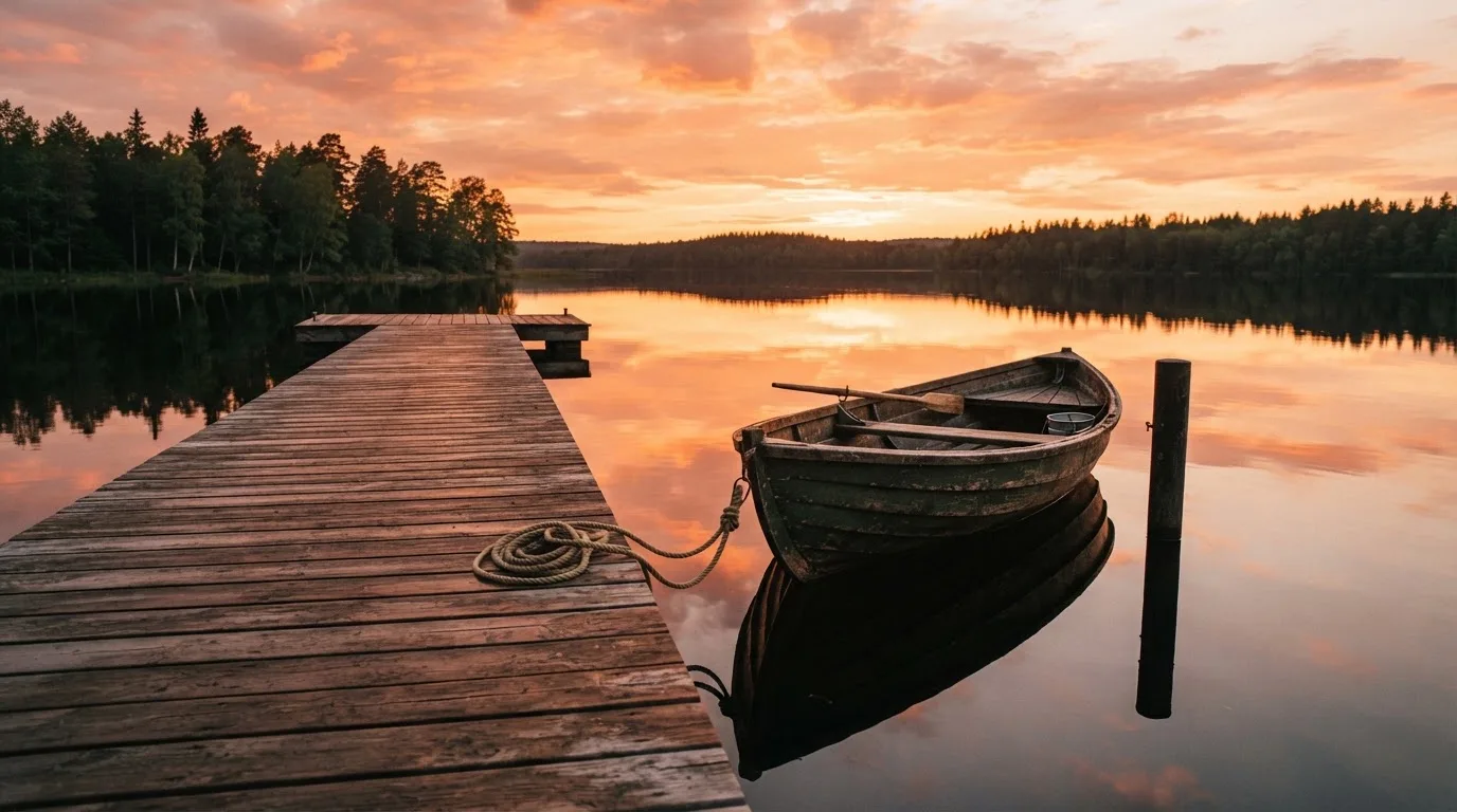Laituri tyynellä järvellä auringonlaskussa, vanha soutuvene kiinnitettynä ja vedessä pilvien heijastus — varma voitto kasino